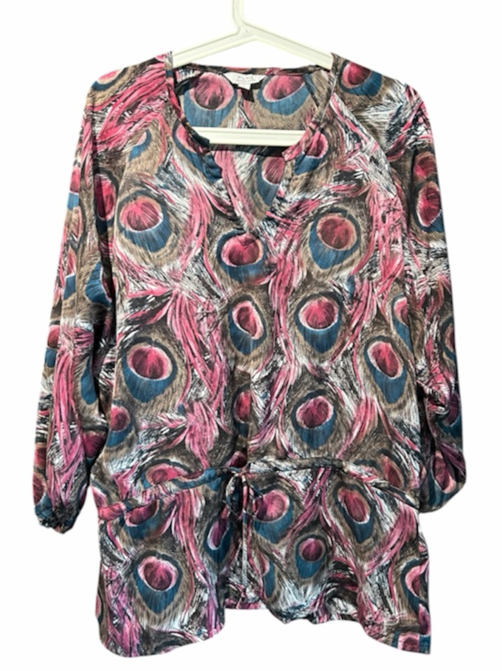 ALFRED SUNG Pink and Blue Peacock-Print V-Neck Drawstring Tunic